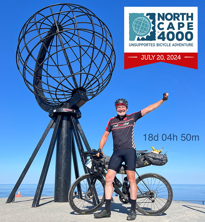 August 2024 - Klaus at the the North cape globe with Northcape4000, saying 18 days, 4 hours and 50 minutes.